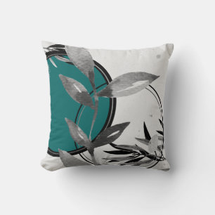 Teal & Grey Abstract Zen Watercolor Leaf Cushion