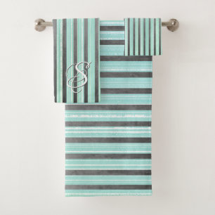 Teal, Grey, and White Stripes Bath Towel Set
