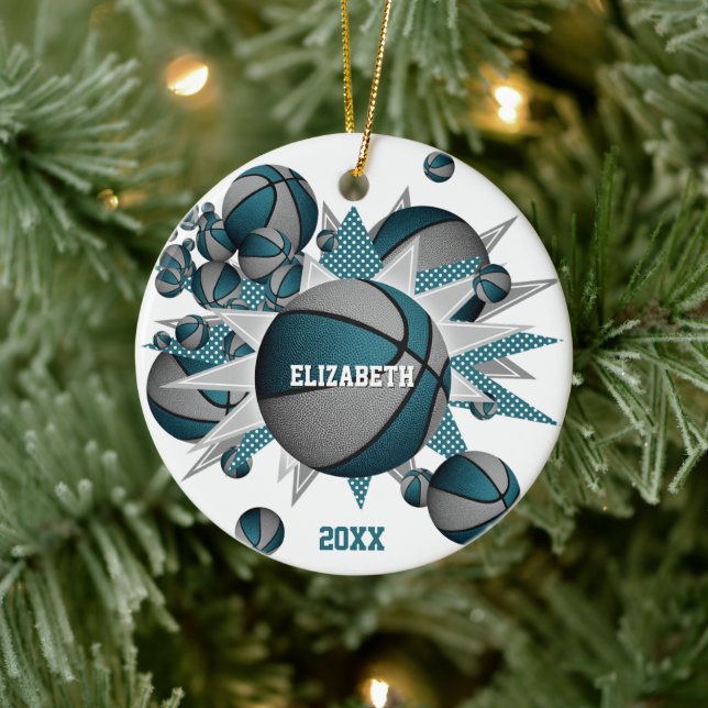 teal grey basketball blowout girls sports ceramic tree decoration (Tree)