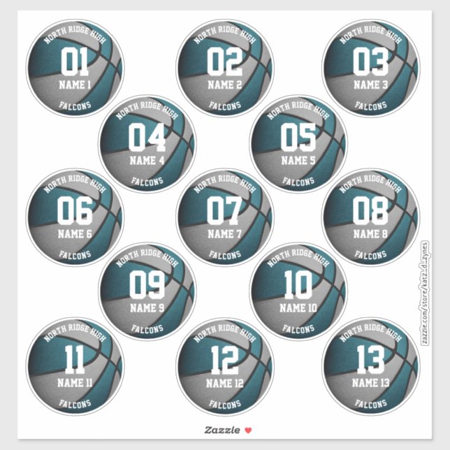 teal grey basketball players names 3 inch stickers (Sheet)