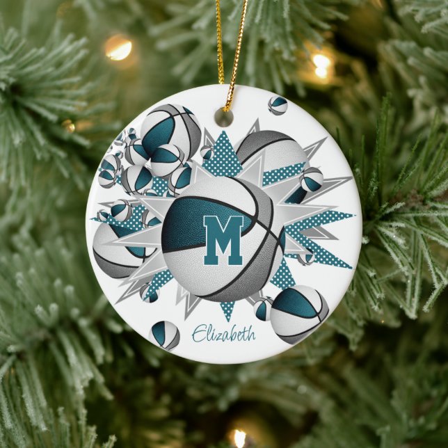 teal grey basketballs stars girls keepsake year ceramic tree decoration (Tree)