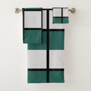 Teal Grey Black Chequered Pattern Bath Towel Set