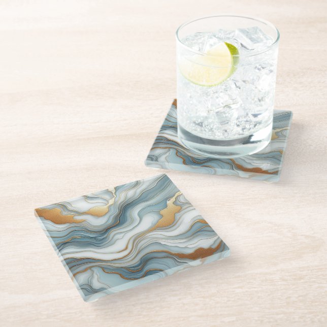 Teal Grey Blue Gold Marble Art Pattern Glass Coaster (Angled)