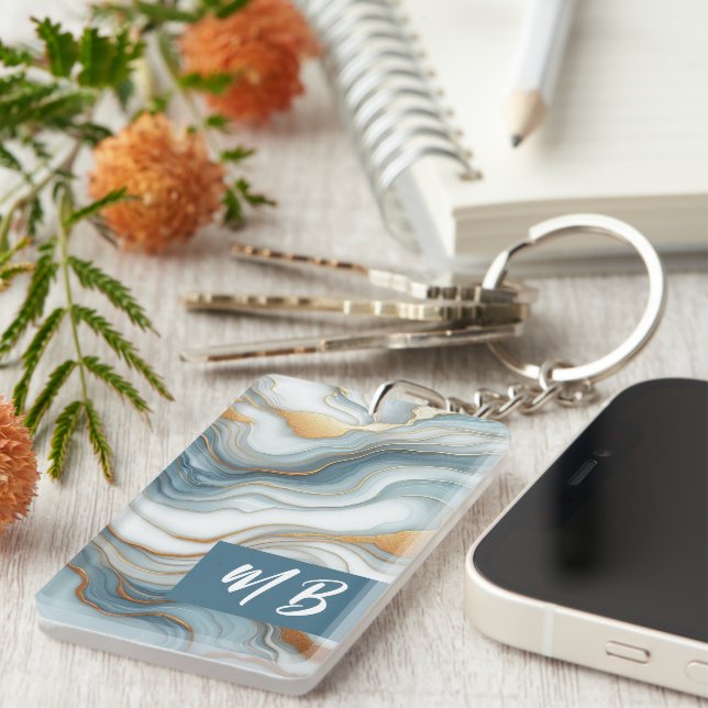 Teal Grey Blue Gold Marble Art Pattern Key Ring (Front Right)