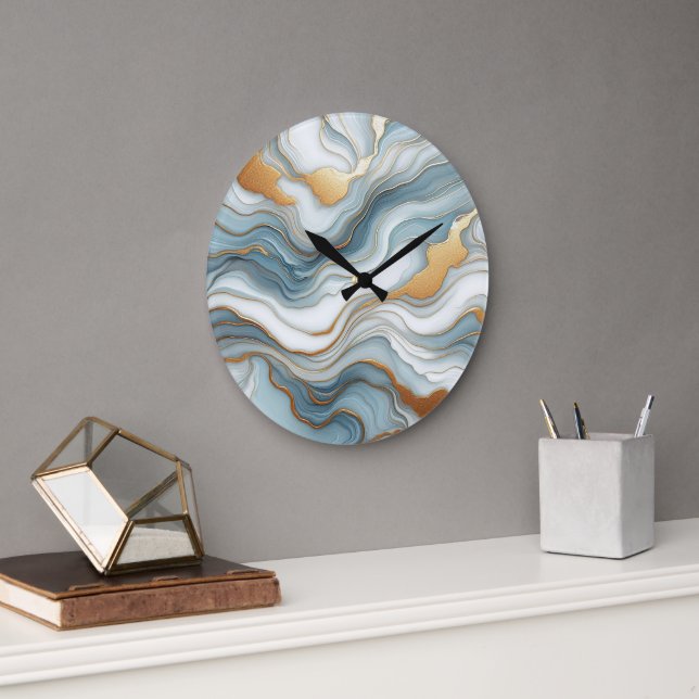 Teal Grey Blue Gold Marble Art Pattern Large Clock (Office)