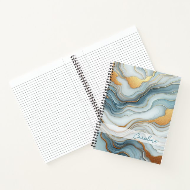 Teal Grey Blue Gold Marble Art Pattern Notebook (Inside)