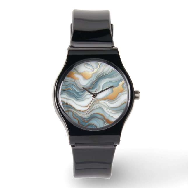 Teal Grey Blue Gold Marble Art Pattern Watch (Front)