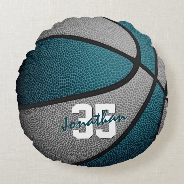 teal grey boys girls sporty basketball round cushion (Front)