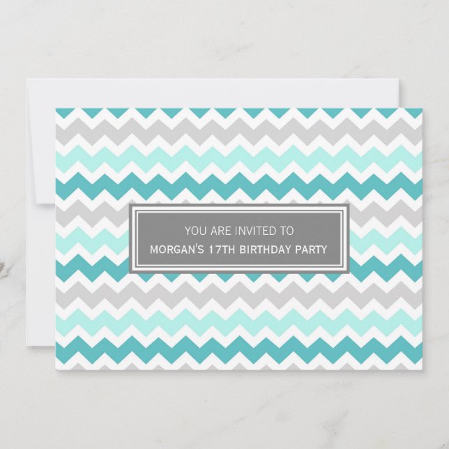 Teal Grey Chevron 17th Birthday Party Invitation (Front)