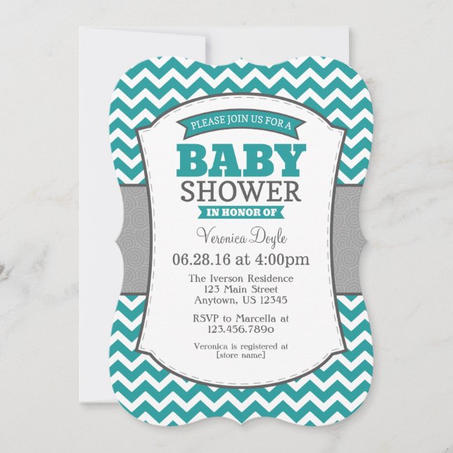 Teal Grey Chevron Baby Shower Invitation (Front)