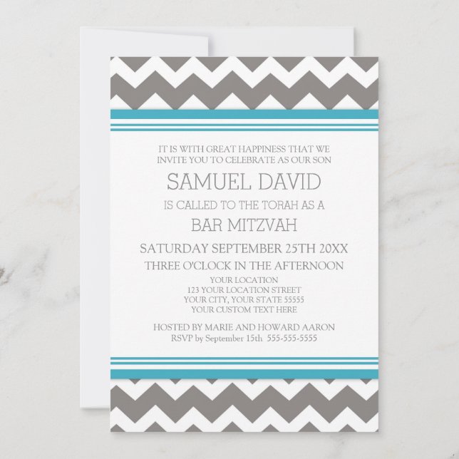 Teal Grey Chevron Bar Mitzvah Invitations (Back)