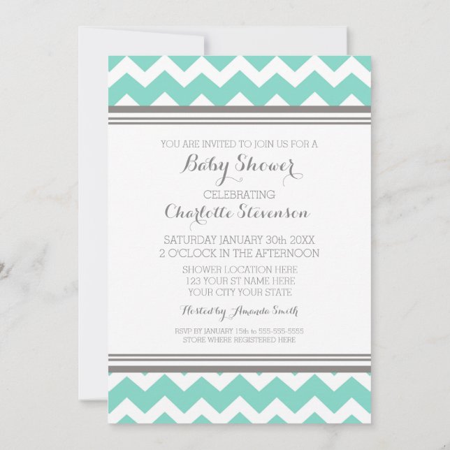 Teal Grey Chevron Custom Baby Shower Invitations (Back)