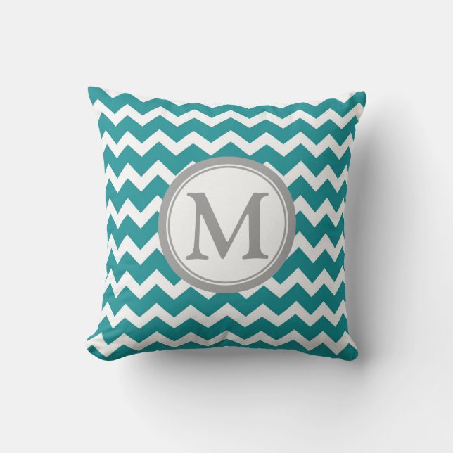 Teal Grey Chevron Monogram Decorative Pillow (Front)
