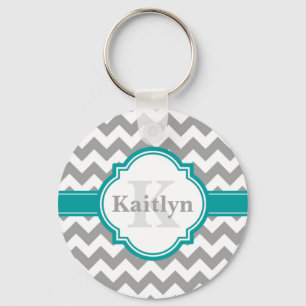 Teal Grey Chevron Pattern & Moroccan Quatrefoil Key Ring