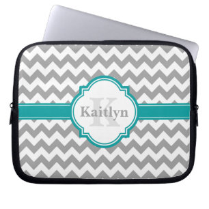 Teal Grey Chevron Pattern & Moroccan Quatrefoil Laptop Sleeve