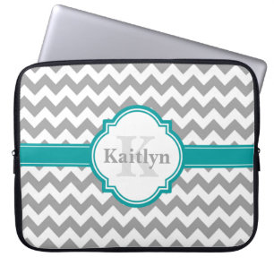 Teal Grey Chevron Pattern & Moroccan Quatrefoil Laptop Sleeve