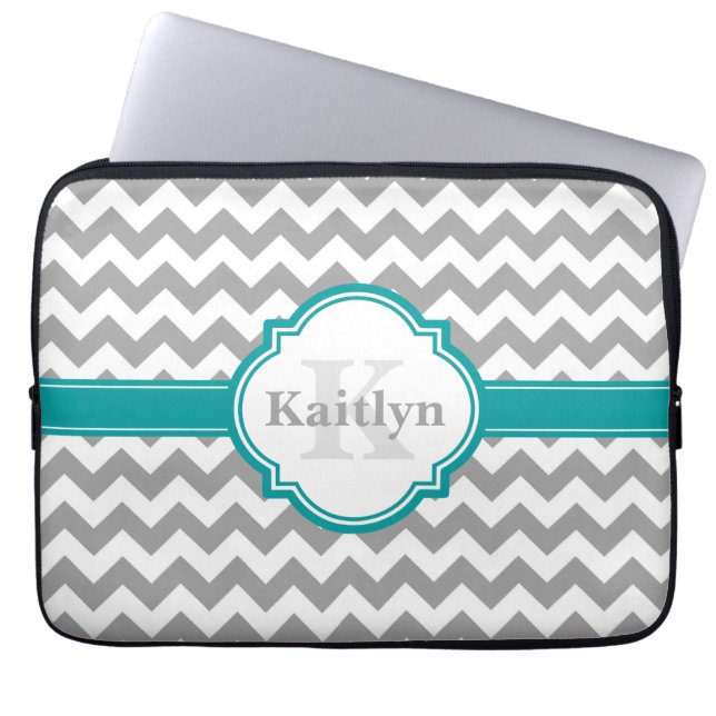 Teal Grey Chevron Pattern & Moroccan Quatrefoil Laptop Sleeve (Front)
