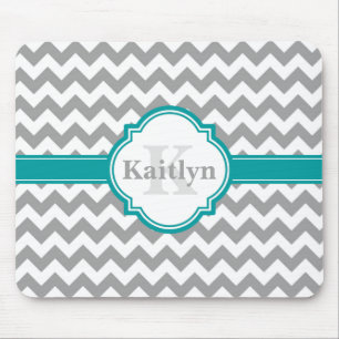 Teal Grey Chevron Pattern & Moroccan Quatrefoil Mouse Mat