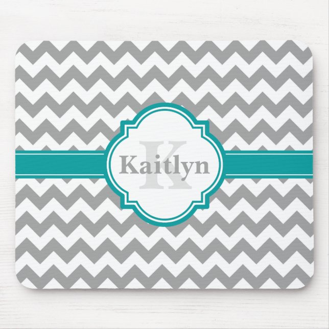 Teal Grey Chevron Pattern & Moroccan Quatrefoil Mouse Mat (Front)