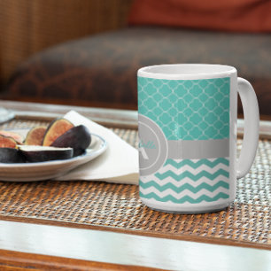Teal Grey Chevron Quatrefoil Coffee Mug