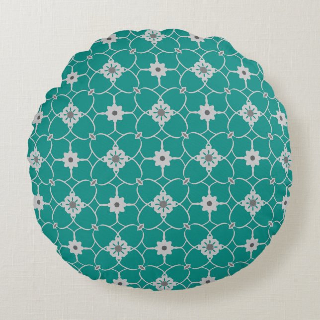 Teal Grey Christmas Floral Pattern Round Cushion (Front)