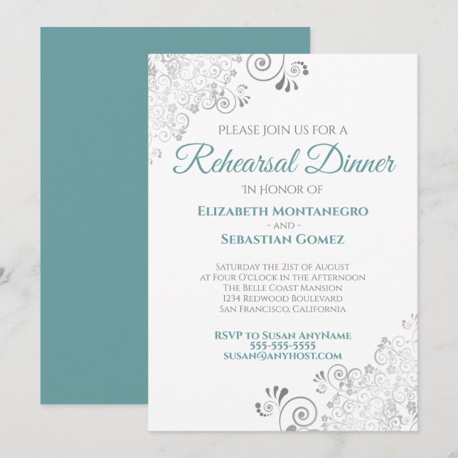 Teal & Grey Curls Wedding Rehearsal Dinner Invitation (Front/Back)