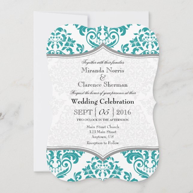 Teal Grey Damask Bracket Wedding Invite (Front)