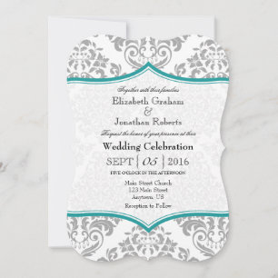 Teal Grey Damask Bracket Wedding Invite
