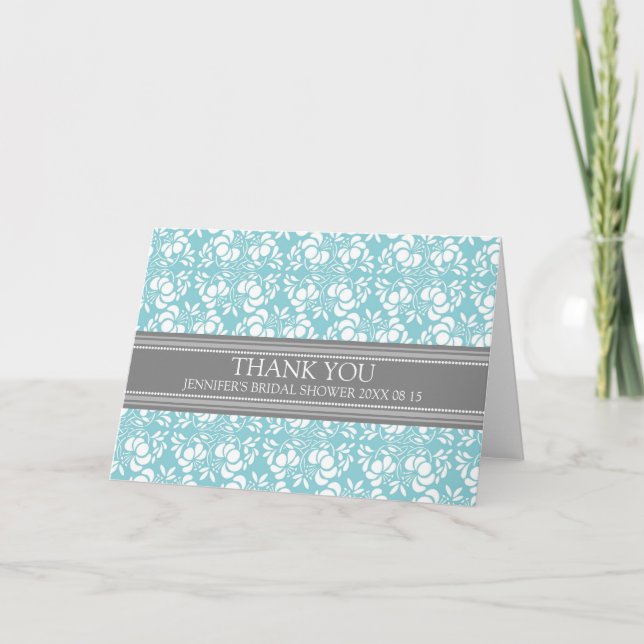 Teal Grey Damask Bridal Shower Thank You Card (Front)