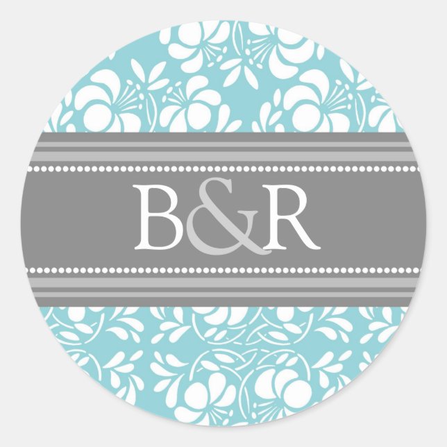 Teal Grey Damask Monogram Envelope Seal (Front)