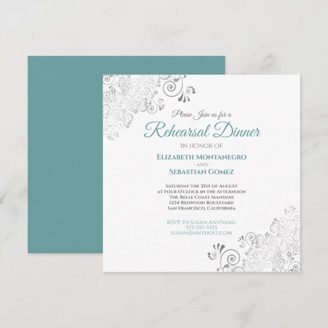 Teal & Grey Elegant Wedding Rehearsal Dinner Invitation (Front/Back)