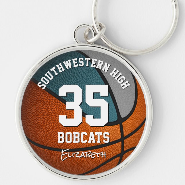 teal grey girls boys basketball team mascot name key ring (Front)