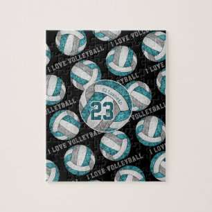 Teal grey girls I love volleyball personalised Jigsaw Puzzle