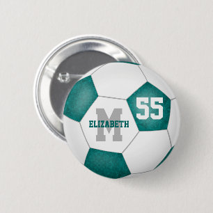 teal grey girly soccer personalised 6 cm round badge