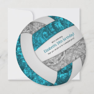 teal grey girly volleyball birthday party announcement