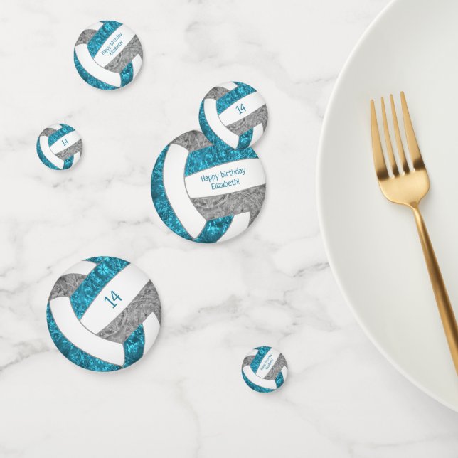 teal grey girly volleyball birthday party confetti (Group)