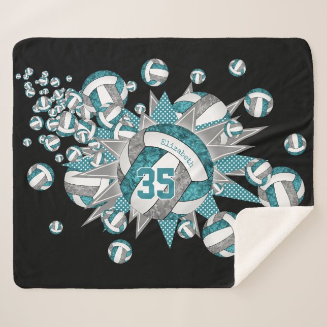 teal grey girly volleyball blowout personalised sherpa blanket (Front (Horizontal))