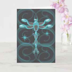 Teal, Grey, Glass Dragonfly with Stars Birthday Card