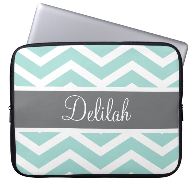 Teal Grey Grey Chevron Custom Laptop Sleeve (Front)