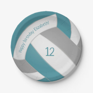 teal grey kids teens volleyball party paper plate