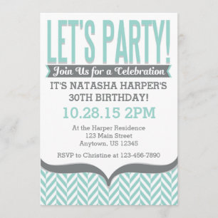 Teal Grey Modern Herringbone Birthday Invitations