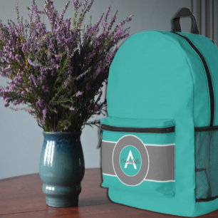 Teal Grey Monogram Personalised Printed Backpack
