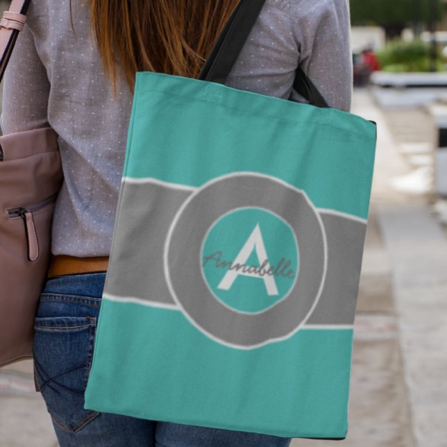 Teal Grey Monogram Personalised Tote Bag (Creator Uploaded)