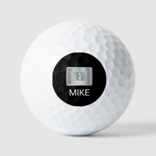 Teal & Grey Monogram, White Name Silver, Black Golf Balls