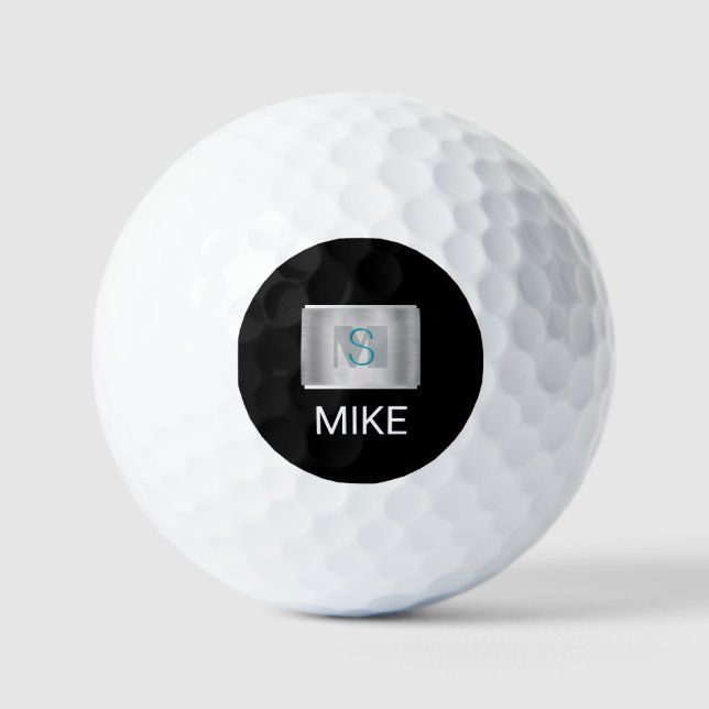 Teal & Grey Monogram, White Name Silver, Black Golf Balls (Front)
