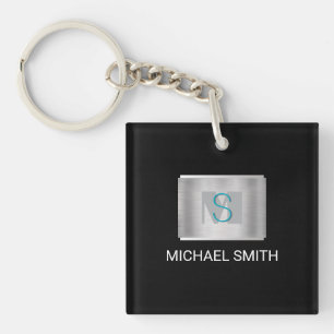 Teal & Grey Monogram, White Name Silver, Black Key Ring