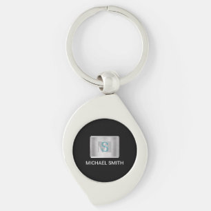 Teal & Grey Monogram, White Name Silver, Black Key Ring