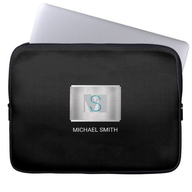 Teal & Grey Monogram, White Name, Silver, Black Laptop Sleeve (Front)