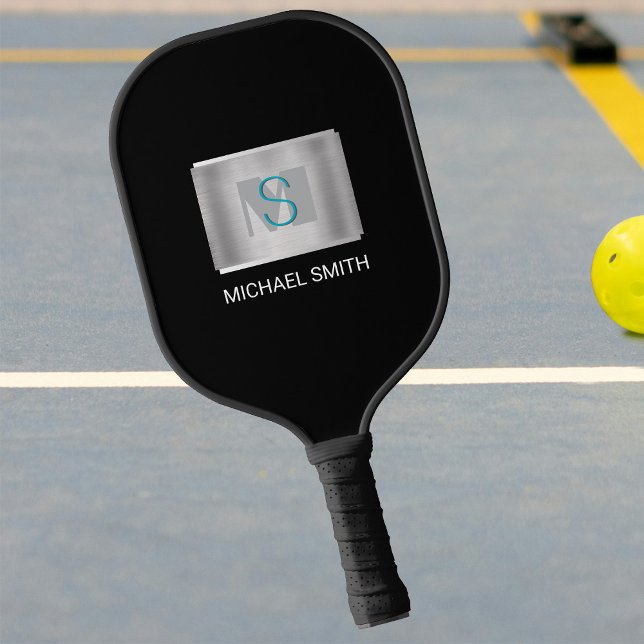 Teal & Grey Monogram, White Name Silver, Black Pickleball Paddle (Creator Uploaded)