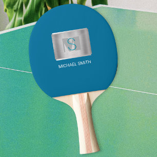 Teal & Grey Monogram, White Name, Silver, Blue Ping Pong Paddle